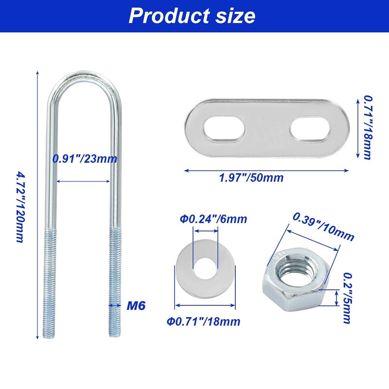 BokWin 4 Pcs Round U Bolts M6 Bend U Bolts in Zinc Plated Steel U Clamp with Nut, Plate, Washer(23mm Inner Width 120mm Length) - Image 5